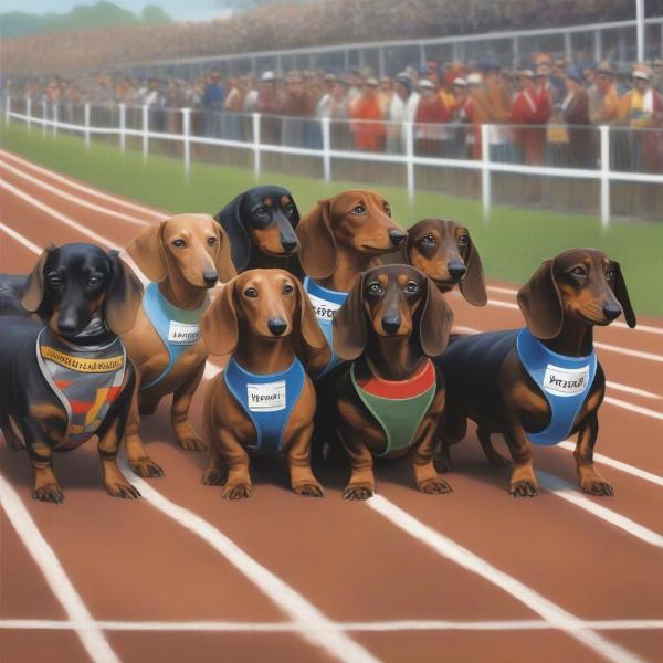 Dachshunds at the starting line of the Buda Wiener Dog Race