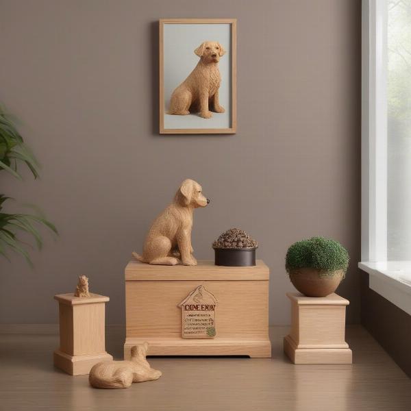 Image showing online shopping for wooden dog urns and a pet store displaying urns.