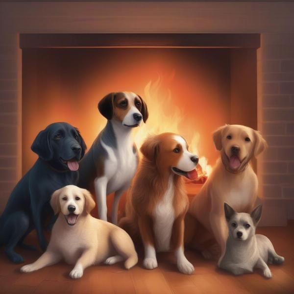 Calm dogs lounging by a fireplace