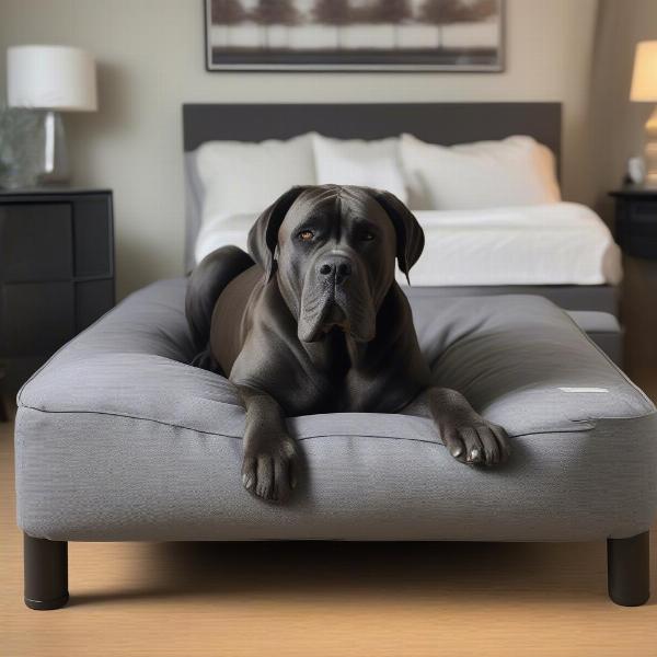 A Cane Corso resting on a large orthopedic dog bed.