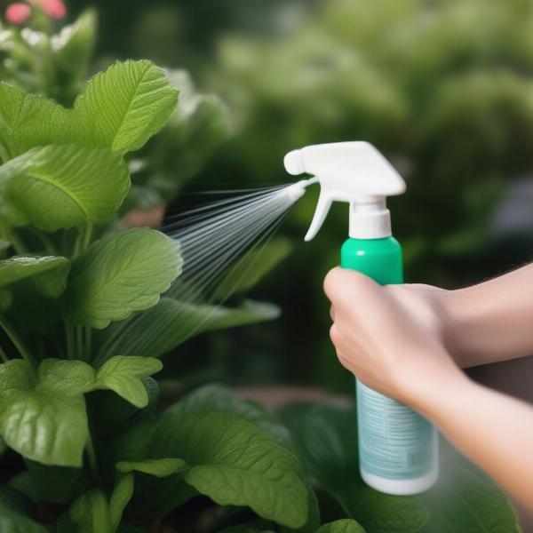 Cat and dog repellent spray being applied to garden plants.