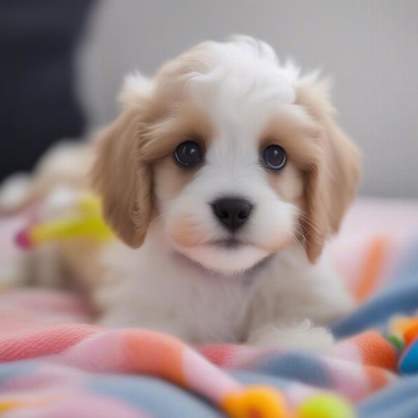 Cavachon puppy playing with a toy