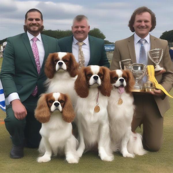 Cavalier King Charles Spaniels posing with their awards at a dog show