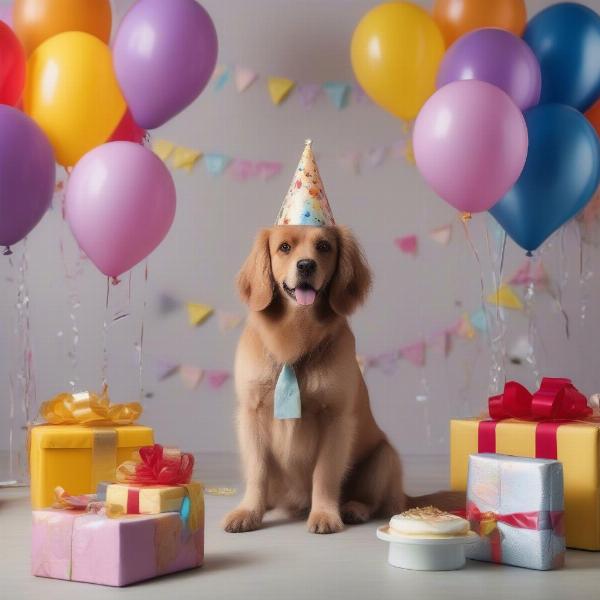 Celebrating a dog's birthday with a cake and presents