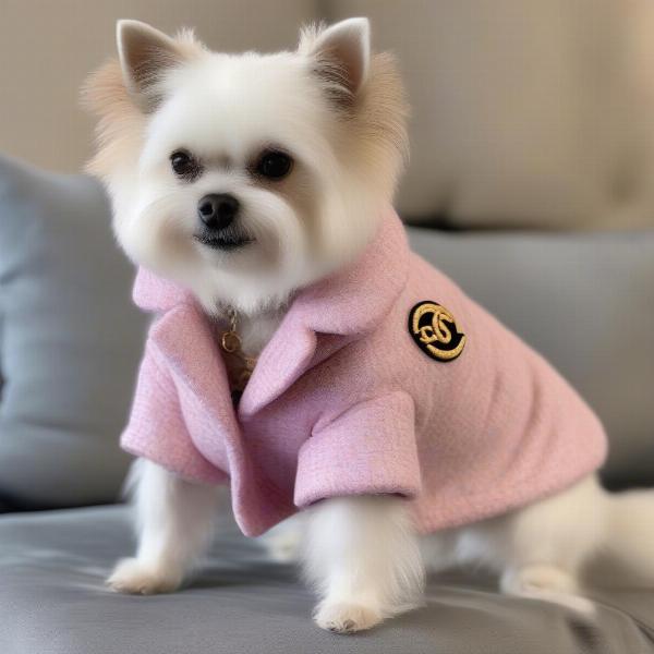 Chanel-inspired dog clothes: A small dog wearing a pink tweed jacket with a Chanel-style logo.