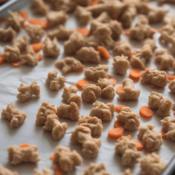 Savory chicken and carrot dog treats on a baking sheet.