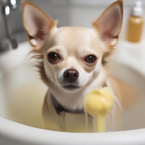 Chihuahua being bathed