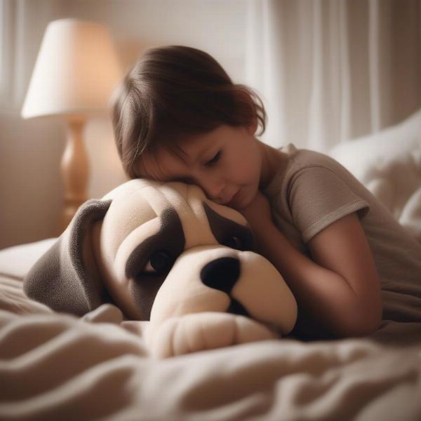 A child hugging a stuffed boxer dog toy on their bed.