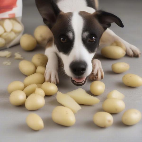 Dog eating boiled potatoes