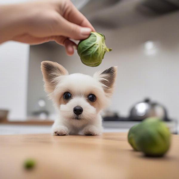 Dog eating brussel sprouts