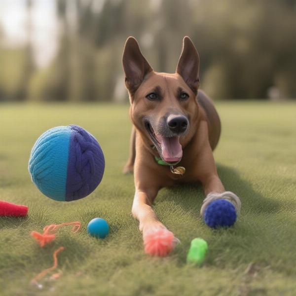 Dog playing with toys