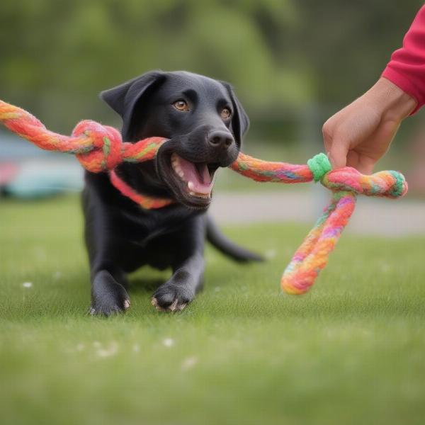 Dog playing with a tug of war toy