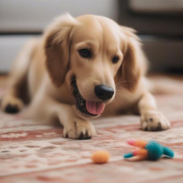 Dog playing with toys after nail trim