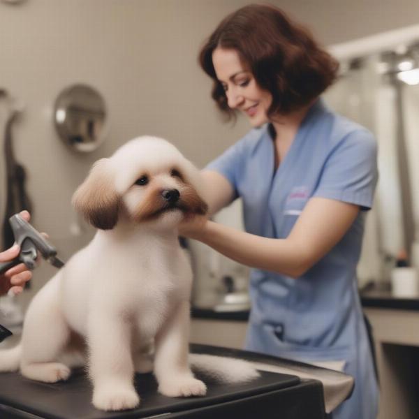 Puppy being groomed