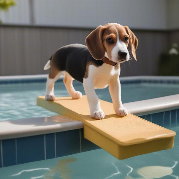 Puppy using a pool ramp