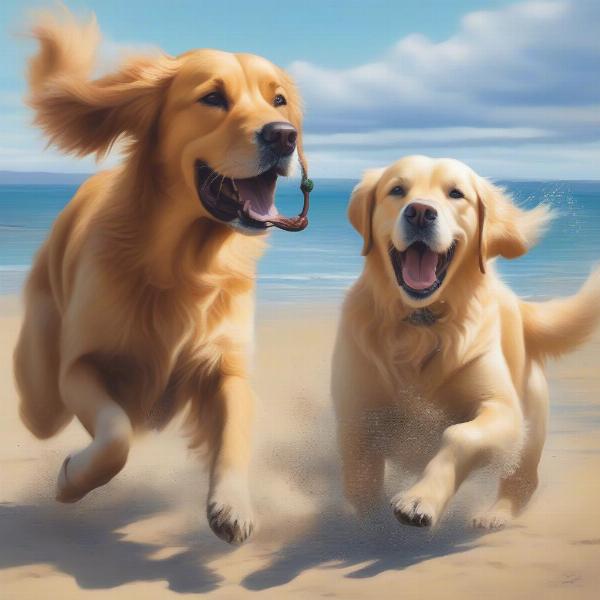 Dogs playing on the beach