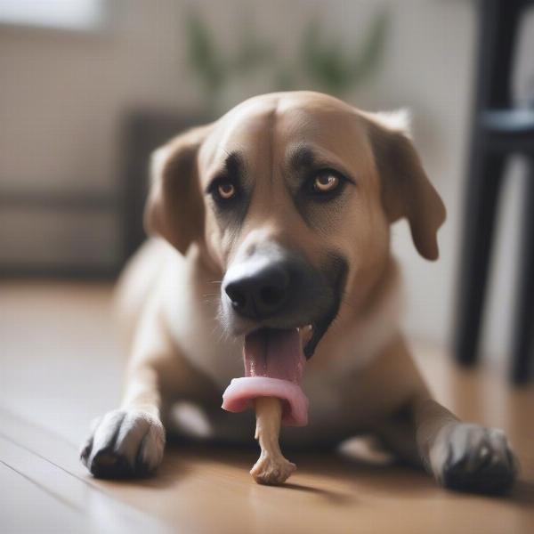 Dog calmly chewing a calming chew.