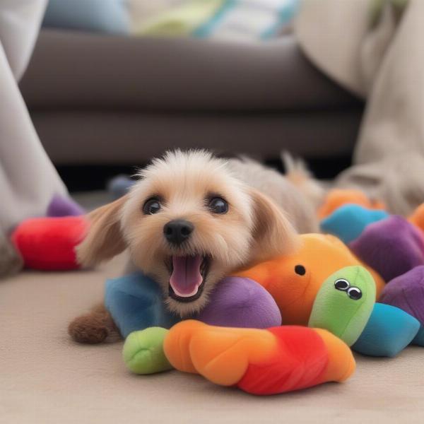 Dog digging happily with a burrow toy