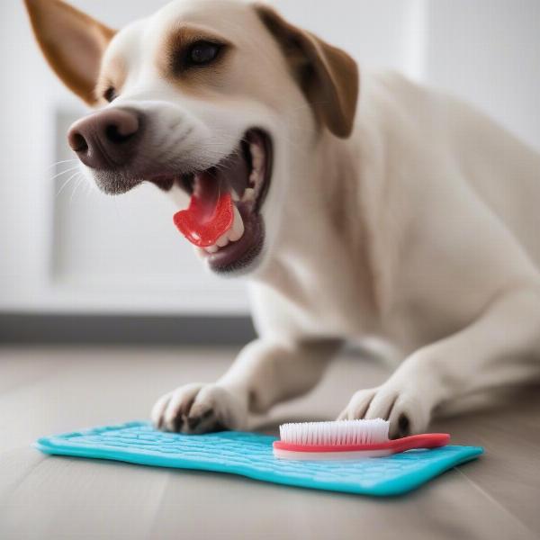 Dog using a lick mat for teeth cleaning