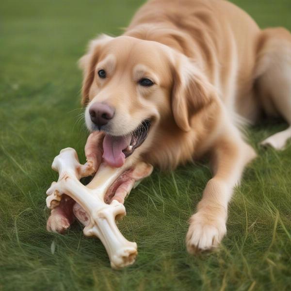 Dog chewing a beef bone