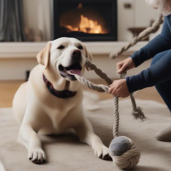 Senior dog playing with owner