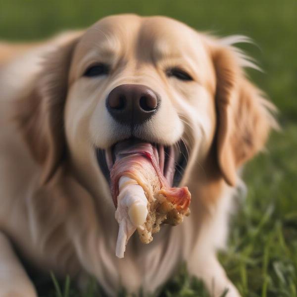 Dog gnawing on a turkey neck