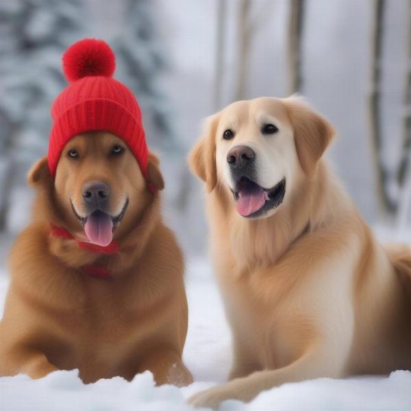 Large dog wearing a beanie in winter