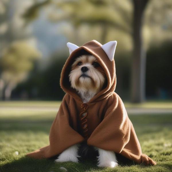 Dog wearing an Ewok outfit