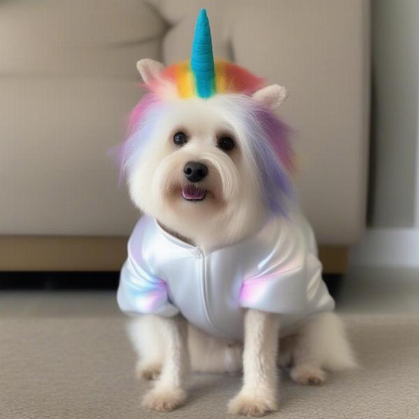 A white dog wearing a unicorn costume