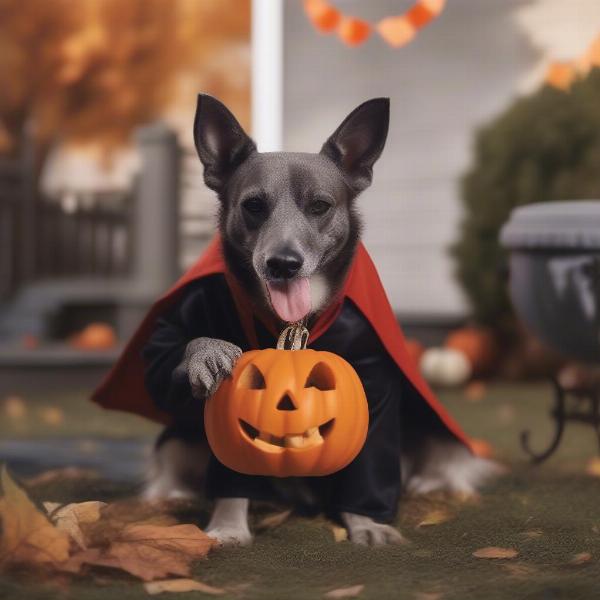 A Dog in a Vampire Costume Playing with a Halloween Pumpkin