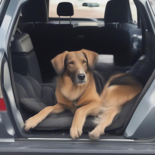 Dog relaxing comfortably in a soft dog cage during a car ride.