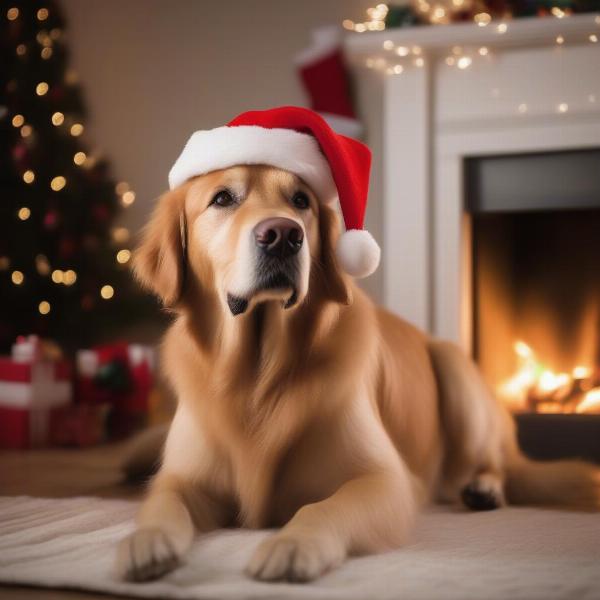 A dog sitting by a fireplace wearing a Christmas hat