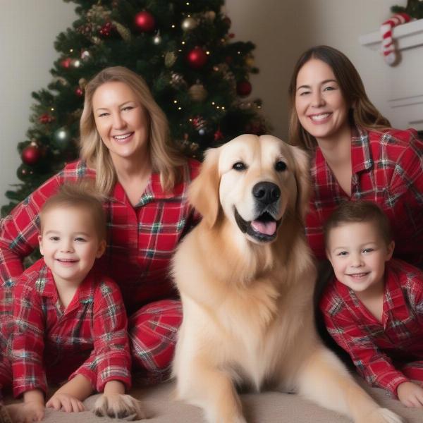 Family matching Christmas pajamas with dog