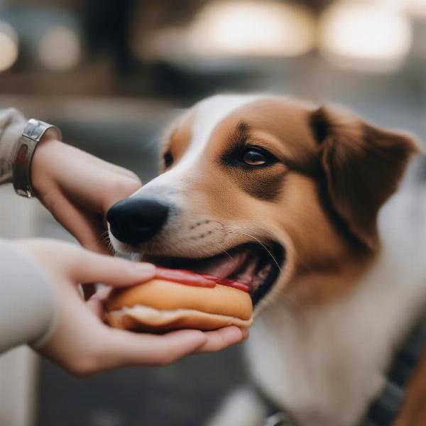 Dog eating hot dog from sleeve