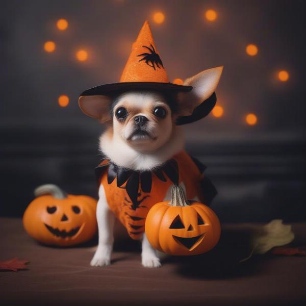 A dog wearing Halloween costume sitting near the carved pumpkins