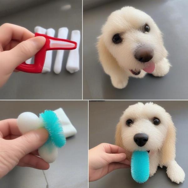 Cleaning apple dog toys with a damp cloth or pet-safe toothbrush