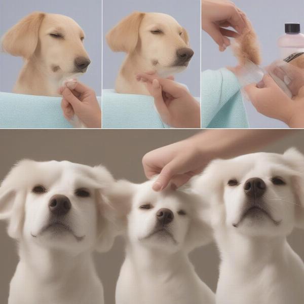 Demonstrating the proper way to clean a dog's ear