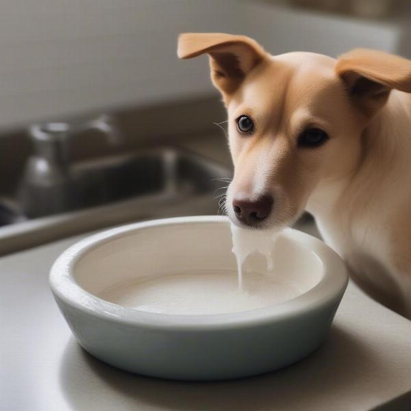 Cleaning a stoneware dog bowl with soap and water.