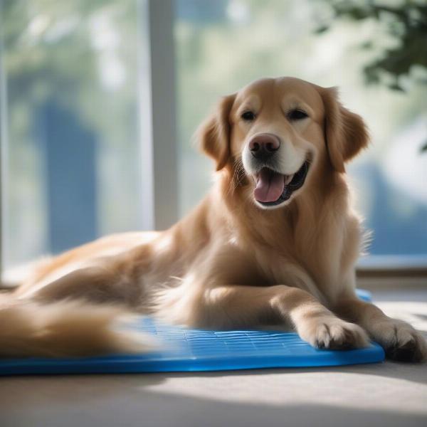 Dog lying comfortably on a cooling bed during a hot summer day.