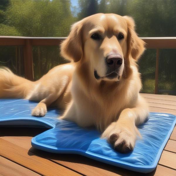 Dog relaxing on a cooling pad during summer