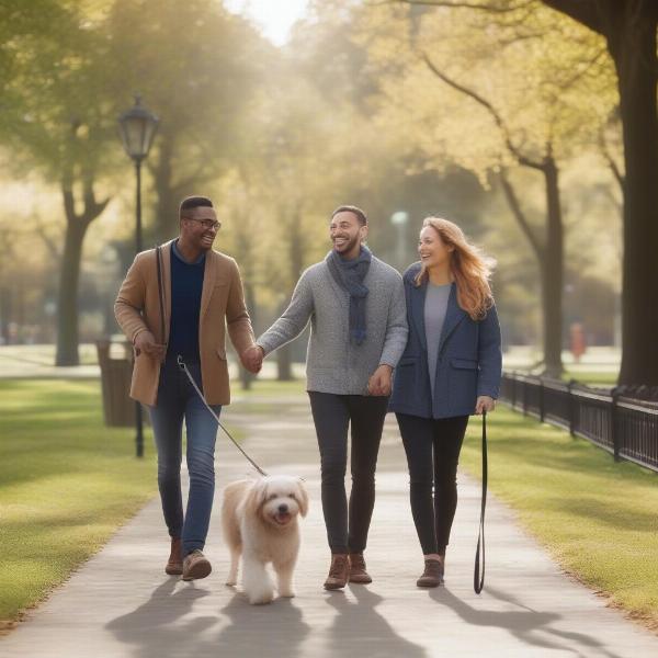 Couple walking a dog together