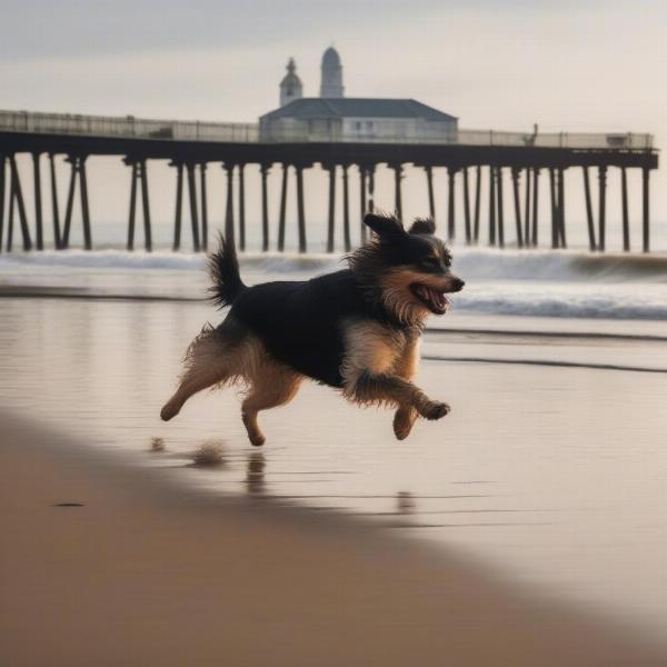 A dog enjoying a walk on Cromer beach