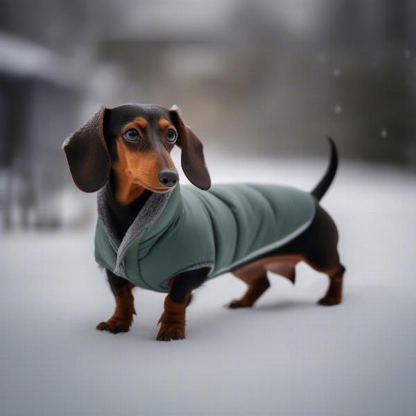 Dachshund wearing a winter coat