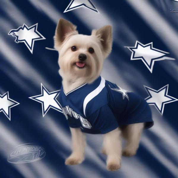 Dallas Cowboys dog jerseys in various sizes, displayed on different dog breeds.