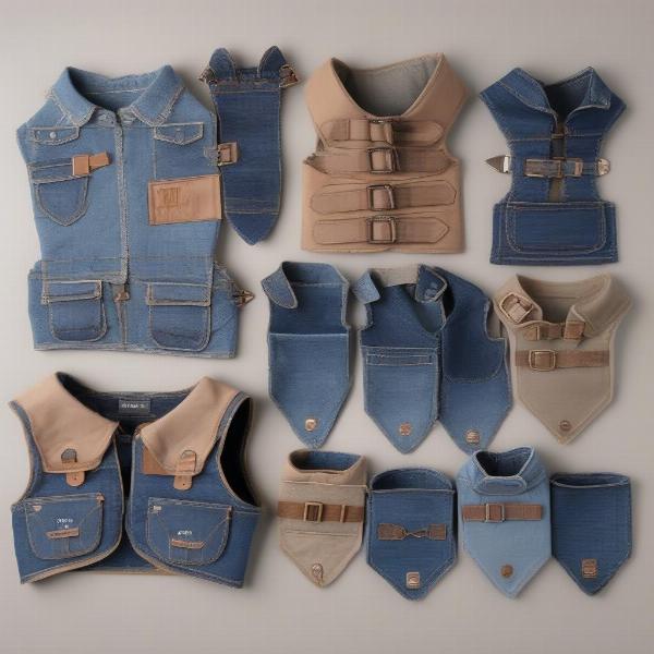 Different sizes of denim vests for dogs