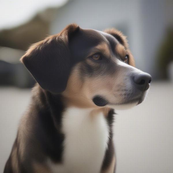 A confused-looking dog tilting its head