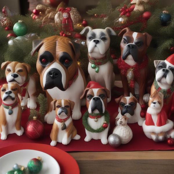 Various Boxer dog Christmas ornaments displayed on a table