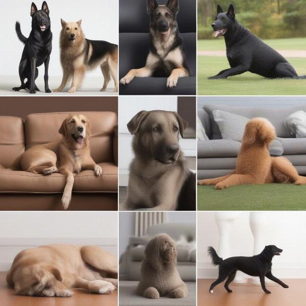 Different breeds of trained dogs