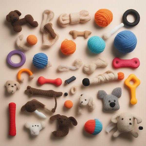 A variety of dog chew toys including ropes, rubber toys, and bones