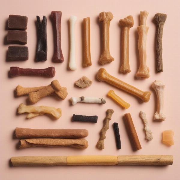 Variety of dog chews including collagen sticks, bully sticks, and dental chews.